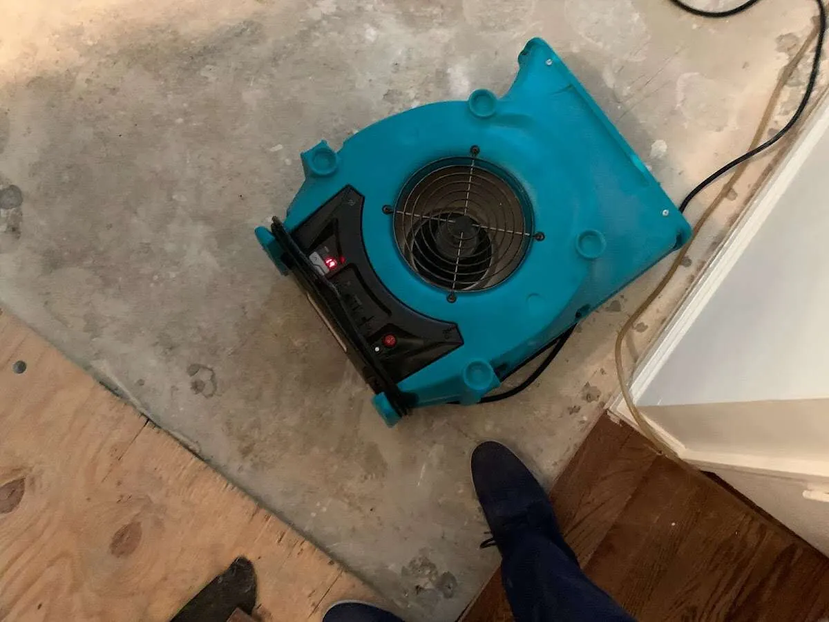 Air mover drying subfloor during Leak Detection & Repair in Bristol